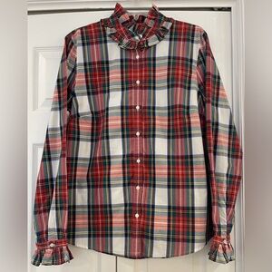 EUC J. Crew Women's Tartan Plaid Button Up Shirt w/ Ruffle Collar Sz L Holidays